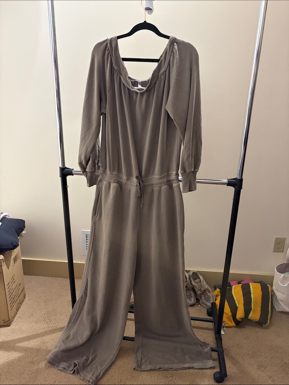 Free People Taupe Wide-Leg Drawstring Jumpsuit